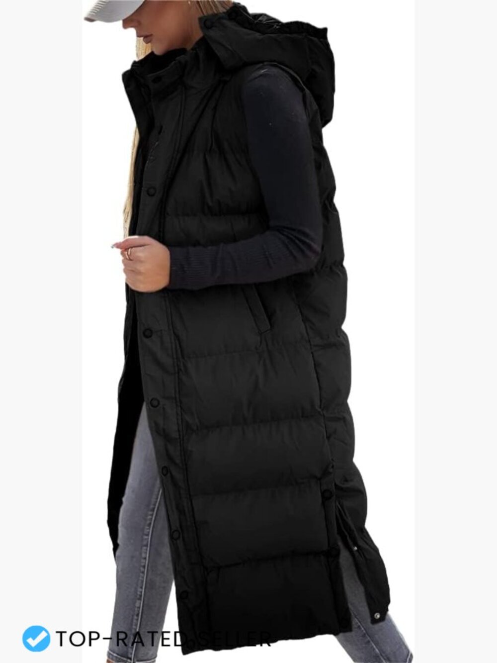 Long Quilted Puffer Vest Hooded Sleeveless Zip Up Winter Outerwear Warm Layering